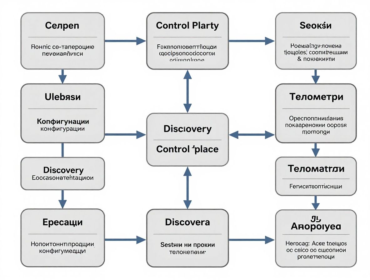 Диаграмма микросервисной архитектуры: множество взаимосвязанных сервисов, API-шлюз и сервисная сетка на белом техническом фоне