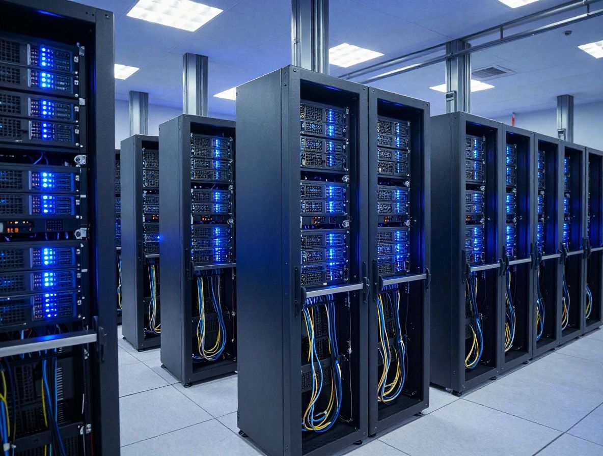 Масштабный дата-центр с рядами серверных стоек, синяя подсветка, высокотехнологичная инфраструктура — символ распределённых вычислительных систем