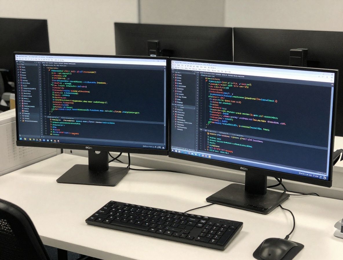 Рабочий стол инженера с двумя мониторами, отображающими код распределённой системы и дашборд мониторинга, уютный офис