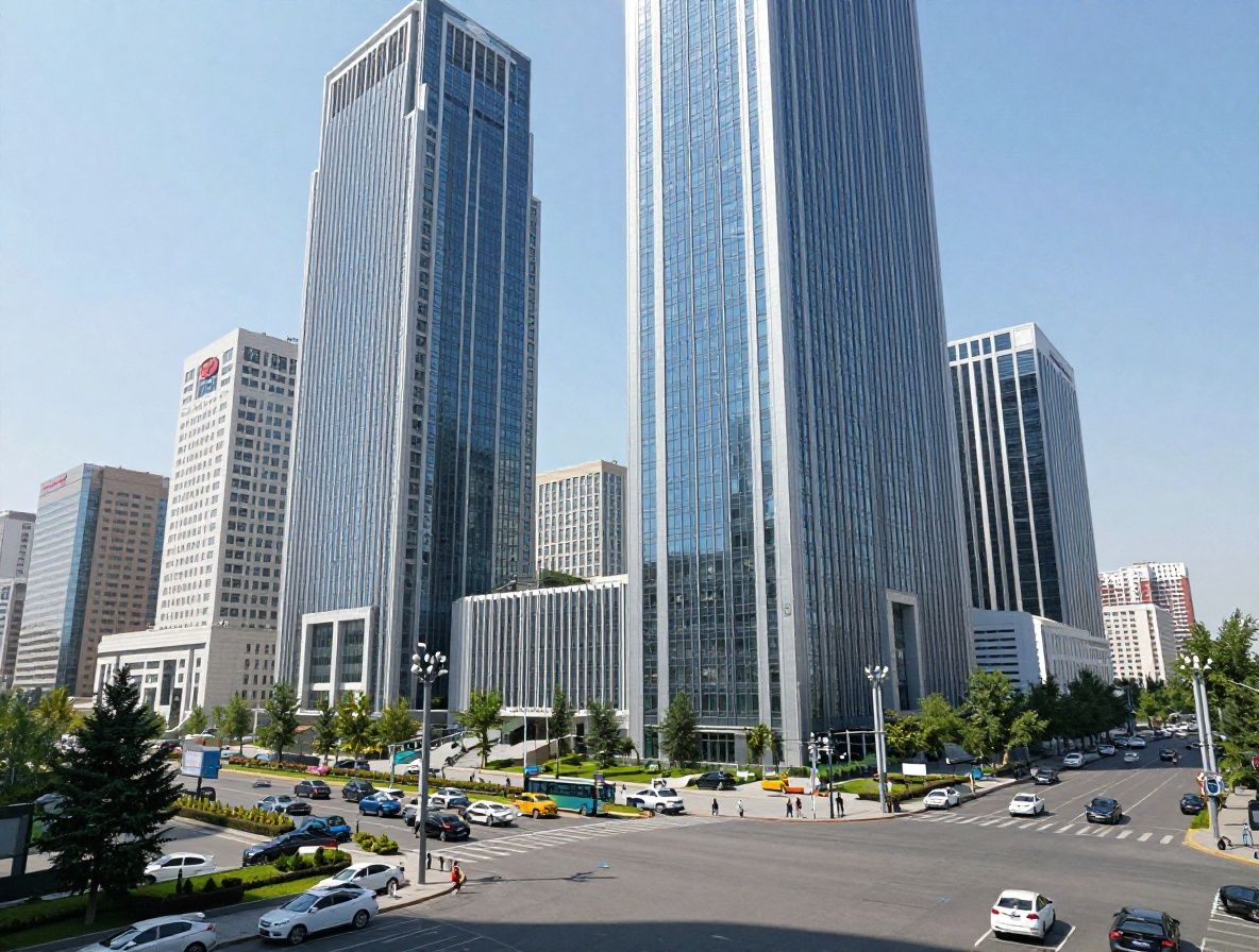 Современная городская панорама Карагандa, Казахстан: деловые здания, широкие проспекты и чистые улицы центра города днём