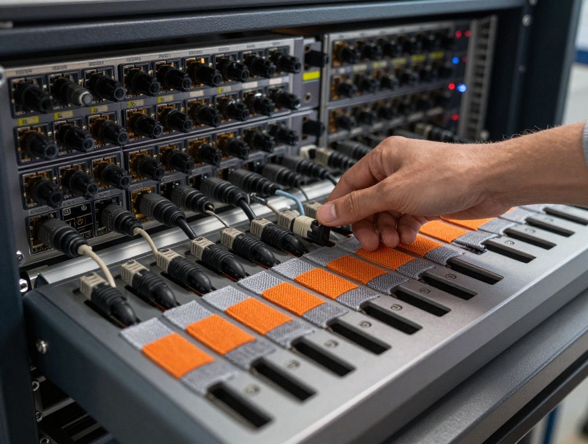 Крупный план оранжевых и серых патч-кордов, подключённых к коммутатору в стойке телекоммуникационного узла