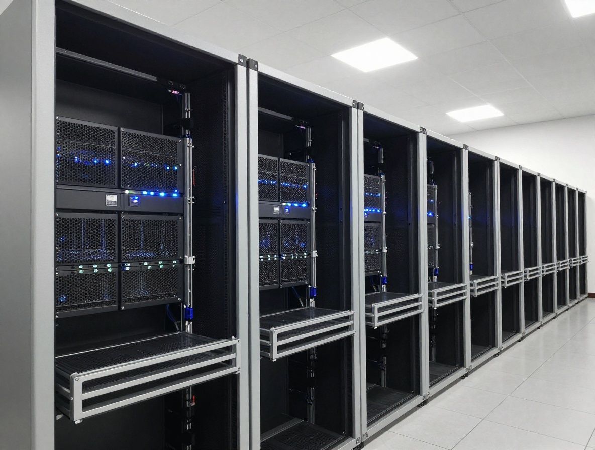 Инженер в белой каске осматривает серверные стойки в крупном дата-центре, яркий свет между рядами оборудования