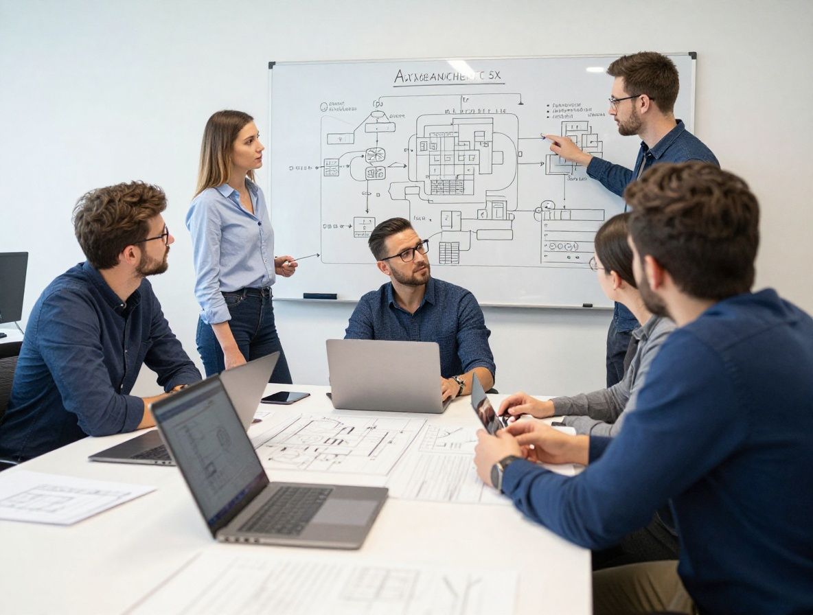 Команда IT-специалистов обсуждает архитектурную схему распределённой системы на белой доске в современном офисе